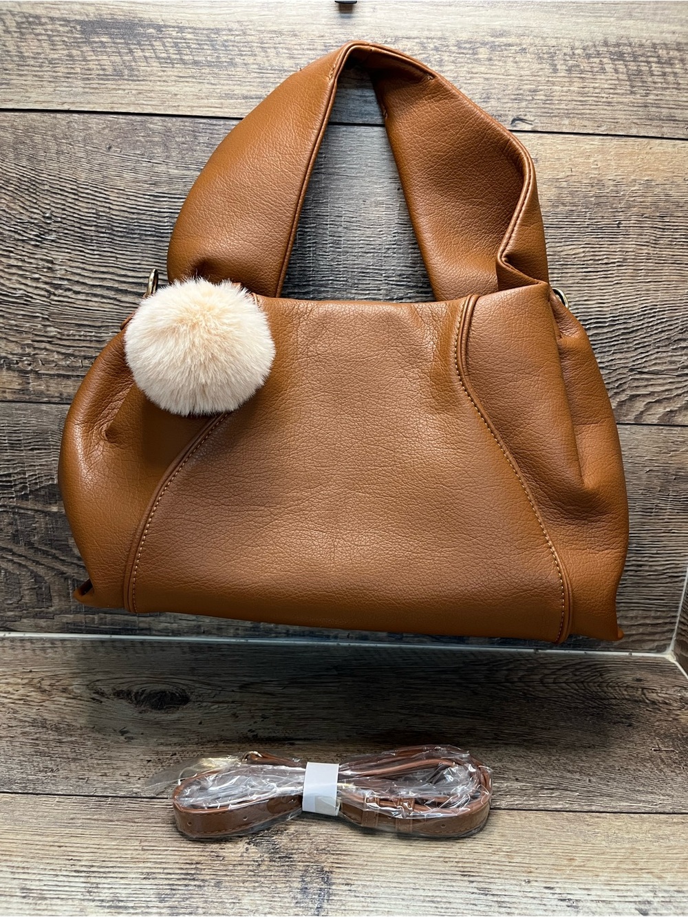 Women's Tan Shoulder Bag with Pom Pom Accent